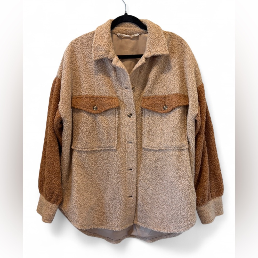 12th Tribe Women's Two-Tone Sherpa Teddy Jacket Brown Tan Fuzzy Lightweight M-L - Picture 2 of 10